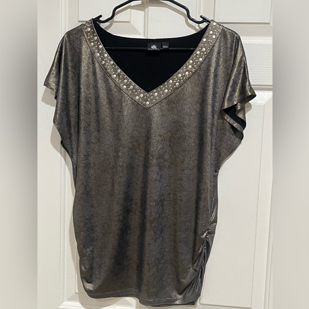 Rock & Republic Metallic Gold TOP WITH EMBELLISHED NECK TRIM WOMEN SIZE S